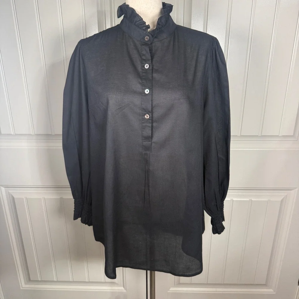 Tuckernuck Blouse M (est) Black Cotton Ruffle Puff Sleeve Coastal Victorian